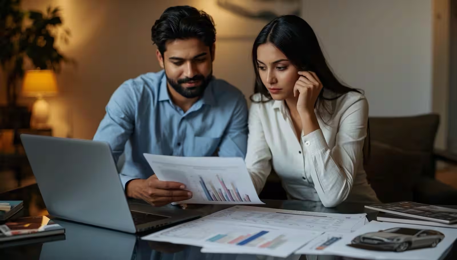 A couple reviewing their loan paperwork and repayment schedule at home